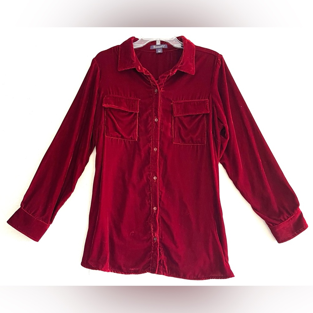 Roaman's Red Velvet Button Down Shirt Women 16W Oversized Shacket